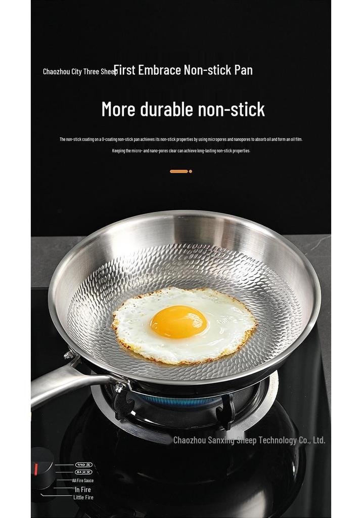 Titanium Dragon Scale Hammer Pattern Flat Bottom Wok with Square Handle, No Coating, Less Oil Smoke, Stainless Steel Steak Frying Pan.