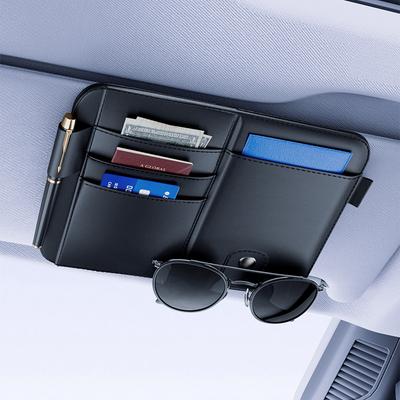 Car Sun Visor Organizer Leather Business Card Pen Multi-Pocket Storage Bag Sunglasses Holder Eyeglasses Clips Auto Accessories