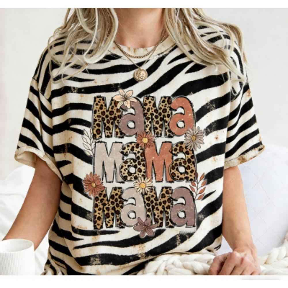 Funny Grid Stripe Leopard Mama Print Women's Short Sleeves T-Shirt Loose Casual Summer Outdoor Street Women's Tees Tops