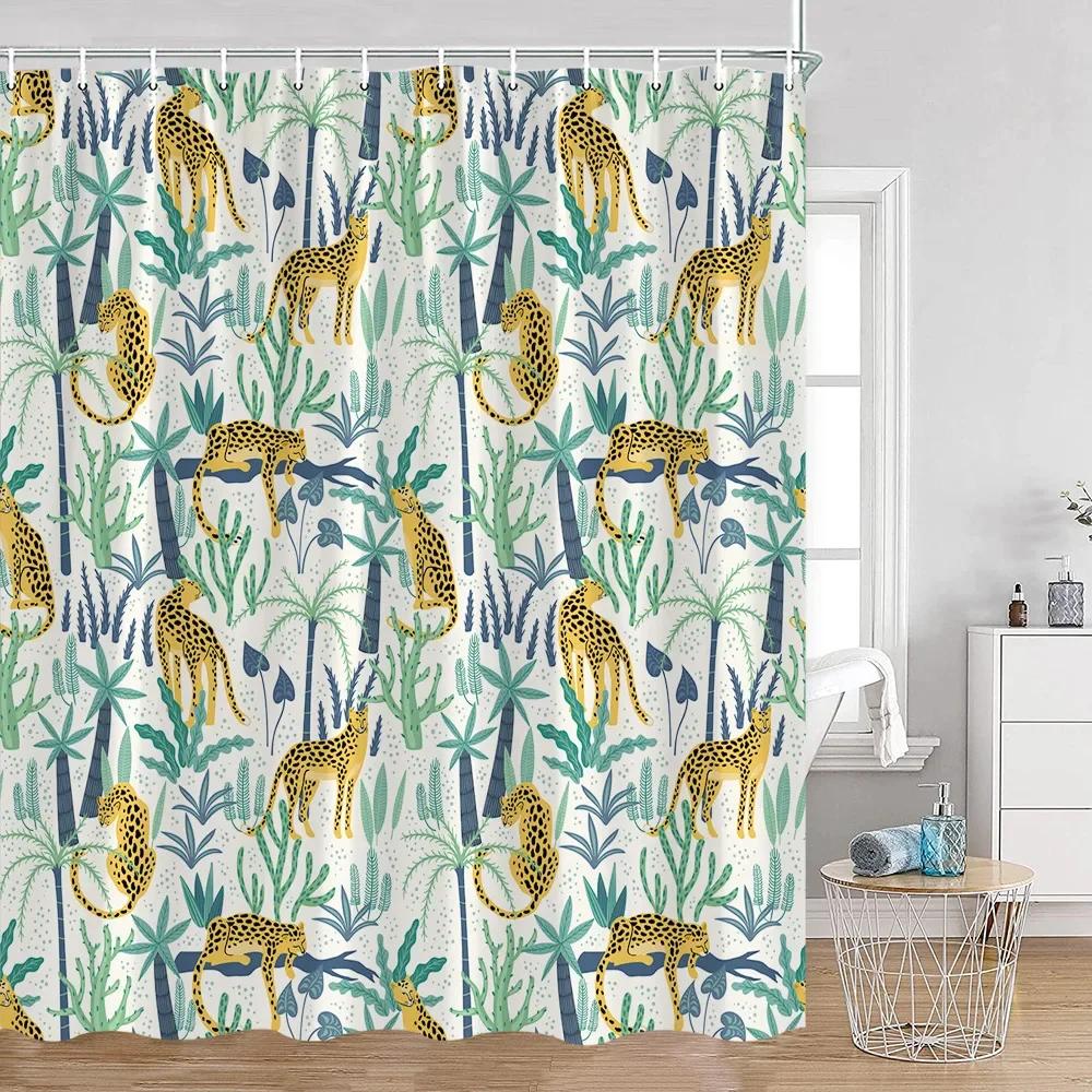 Tropisches Tier Duschvorhang Leopard Wildtier Flamingo Papagei Zebra Grüne Pflanze Palmenblatt Badezimmer Vorhang Dekoration