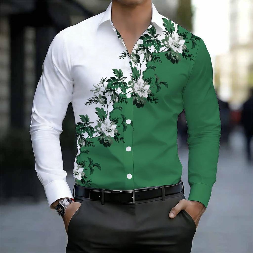 Men Collared Shirt Black Purple Two Tone Big Rose Floral Print Long Sleeve Button Down Top