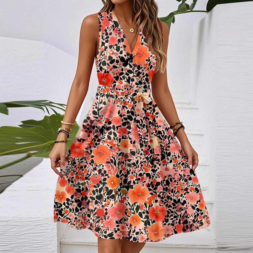 Damen Frühling und Sommer Casual V-Ausschnitt Ärmellose Taille Blumendruck Midikleid