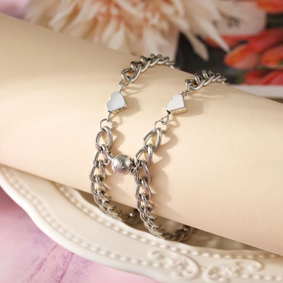 1 Pair Couple Bracelets Solid Color Smooth Edge Polished Matching Heart Pendant Couple Hand Chain Gift