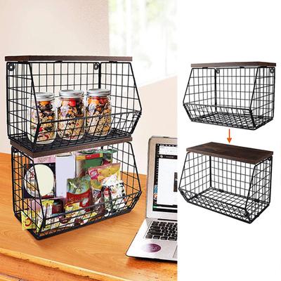 2Pcs Storage Basket Space-Saving Wall Mounted with Wooden Lids Hollow Out Easy To Assemble Foldable Kitchen Basket