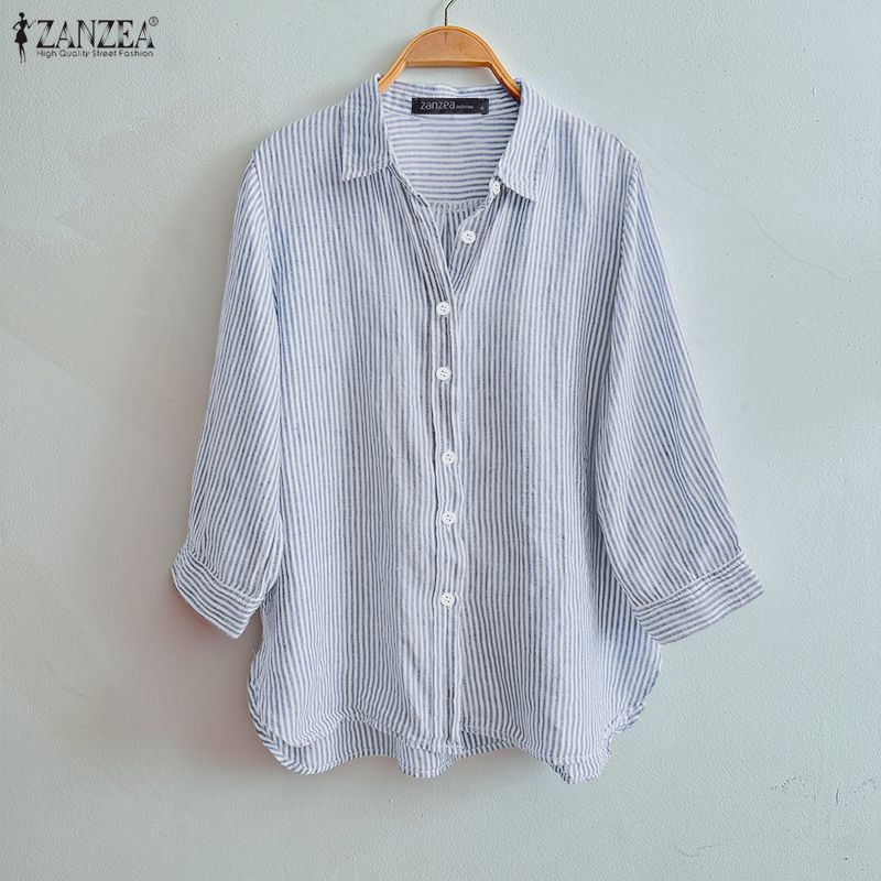 ZANZEA Damen Umlegekragen Locker Lässig 3/4 Ärmel Gestreifte Bluse