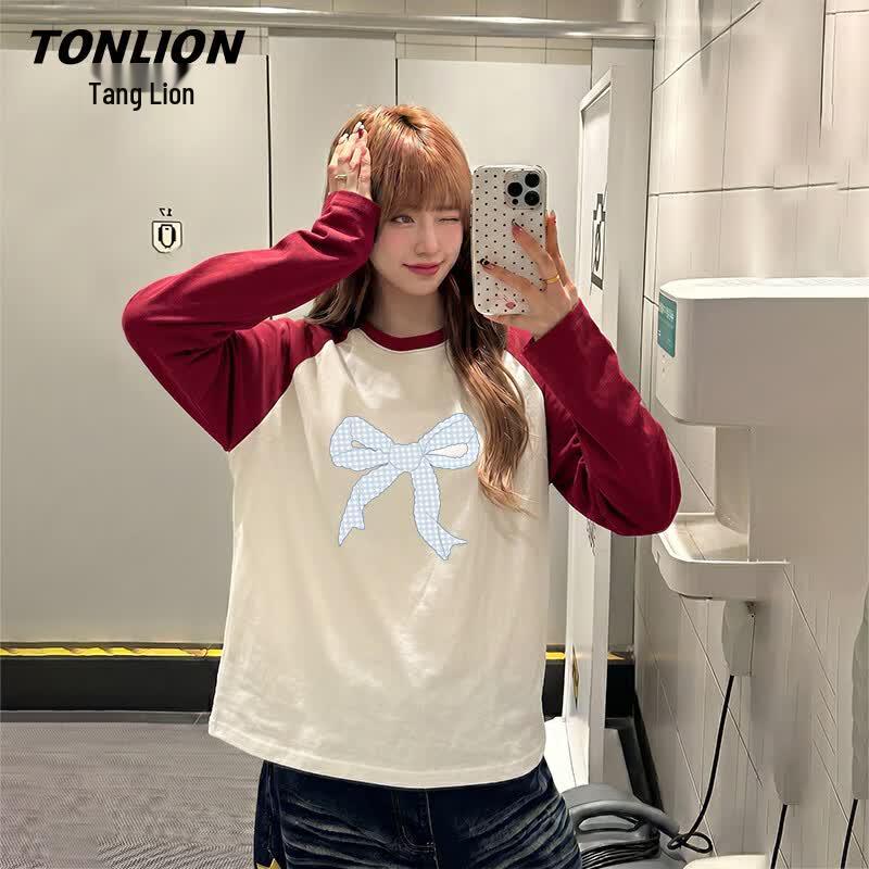 TonLion Women s Pure Cotton Long Sleeve Bowknot T-Shirt M