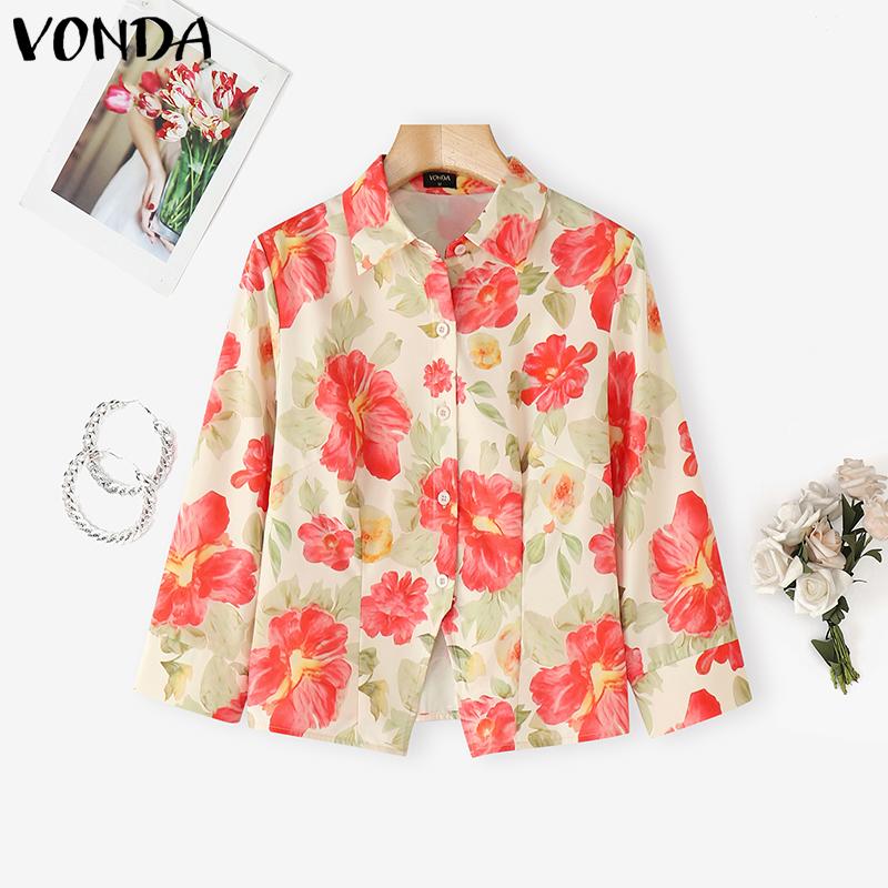

VONDA Женская блузка с лацканами, рукавом 3/4, цветочным принтом, приталенная, повседневная, укороченная XL красный