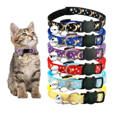 New Gold Stars and Moon Cat Collar with Reflective Safety Buckle and Bell Adjustable Cats And Small Dogs Collars