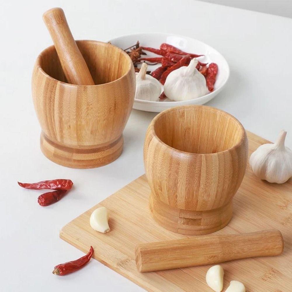 Splash-proof Manual Spice Crusher Premium Bamboo Garlic Masher Grinding Bowl with Lid  Home Kitchen
