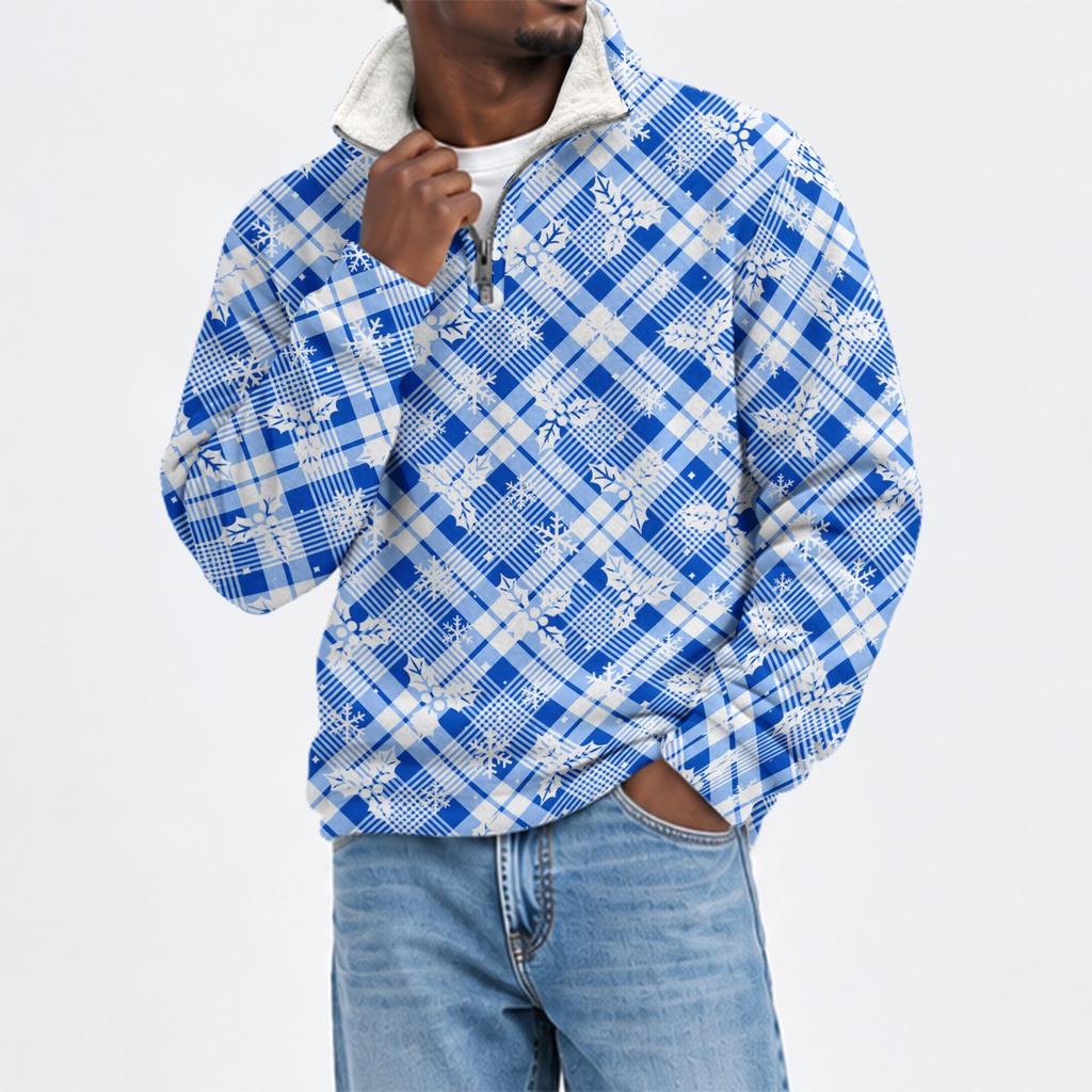 Men's Stand Collar Flannel Sweatshirt with Christmas Print
