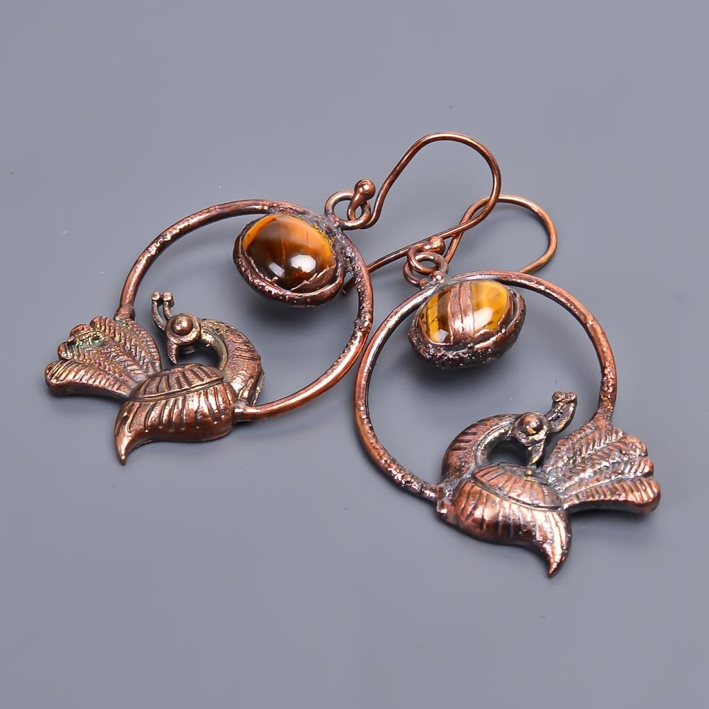 Sacral Chakra Tiger Eye Gemstone Copper Electroformed Hook Drop Earrings Jewelry V-43