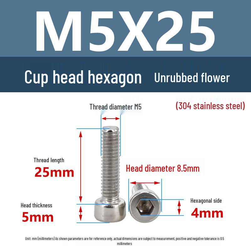 Yigu 304 Stainless Steel Socket Head Cap Screw, M2-M6 Cylindrical Head, Full Thread, Non-Knurled