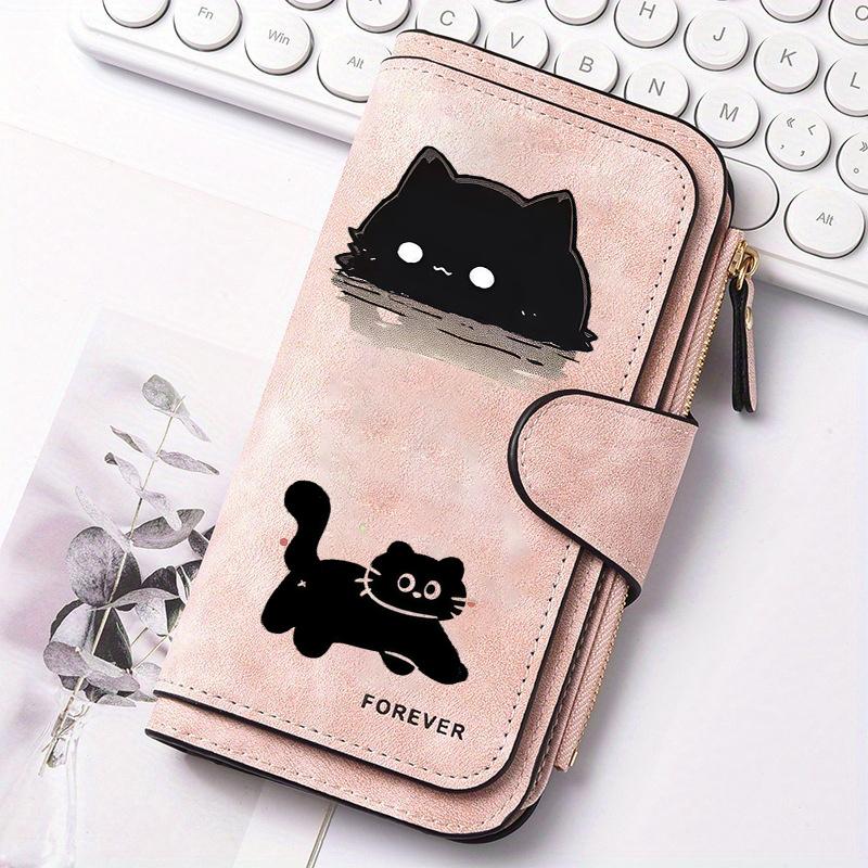 Women Multifunction Wallet with Cat Pattern Snap Button Coin Purse Billfold Card Holder for Outdoor Travel Daily Use Minimalist Couple Gift Gray