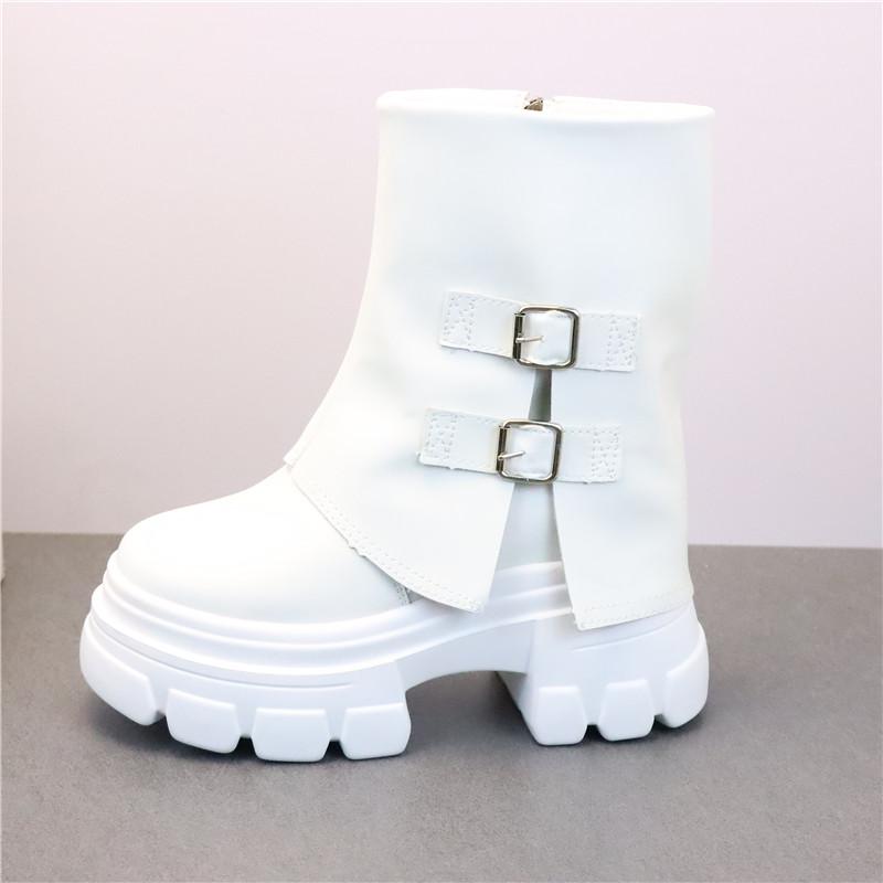 Fashion 12CM Microfiber Leather Autumn Boots Flats Plush Ankle Booties Women Platform Wedge Thick Sole Motorcycle Winter Shoes