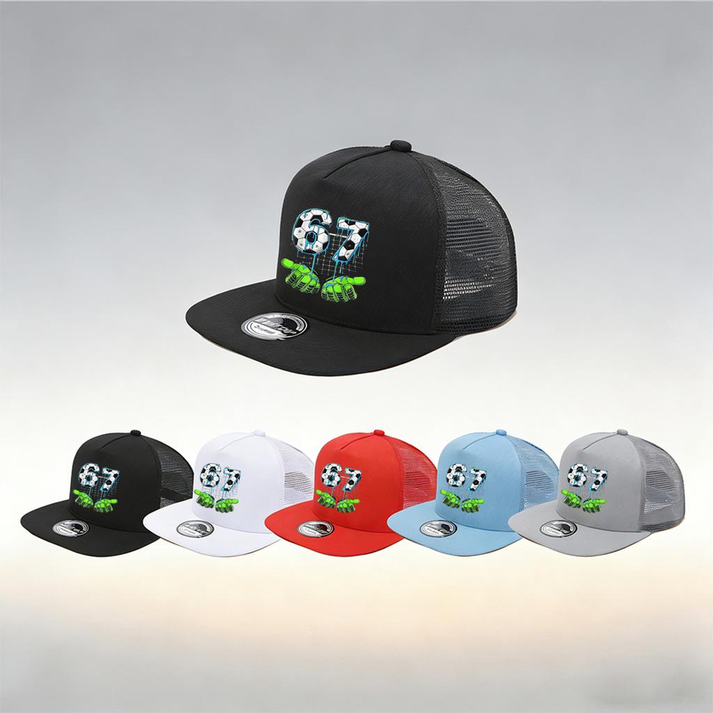 1/2PC Y2KSoccer 67 Flat Brim Trucker Hat, Melting Drip Gloves Print, Breathable Mesh, Sporty Aesthetic Cap