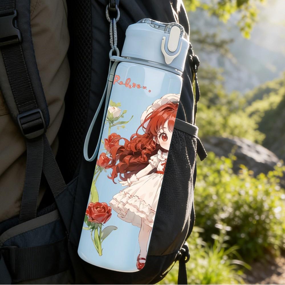 1PC Long Hair Girl Red Rose Ornament Pattern 750ml Color Plastic Sports Water Bottle Leakproof Flip Straw Lid Suitable for Sports Office Home Use