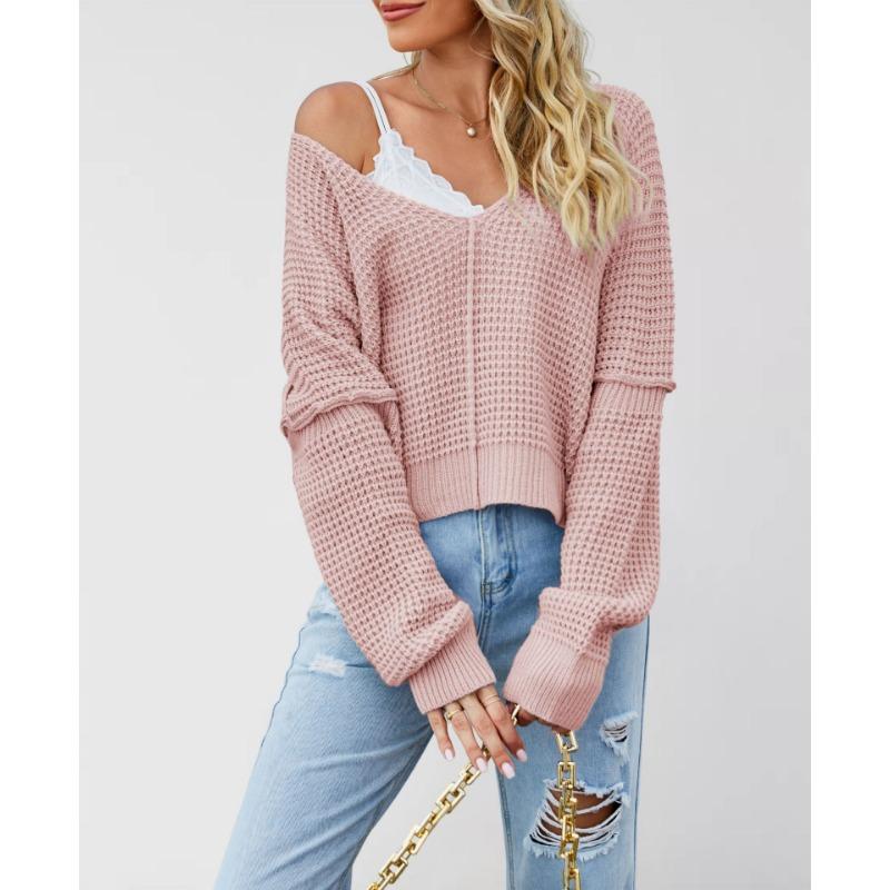 

Autumn and winter new Temu hot-selling v-neck solid color off-the-shoulder loose hot-selling knitted sweater S