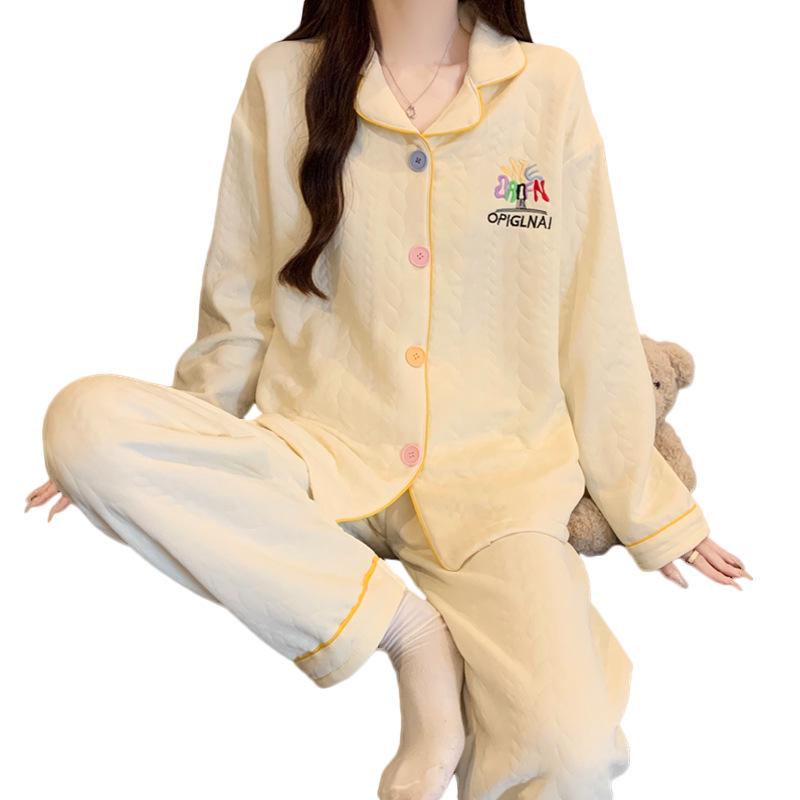 Women's Korean Style Thickened Cotton Pajama Set - Long Sleeve for Autumn/Winter, Simple Design, Home & Outdoor Wear.