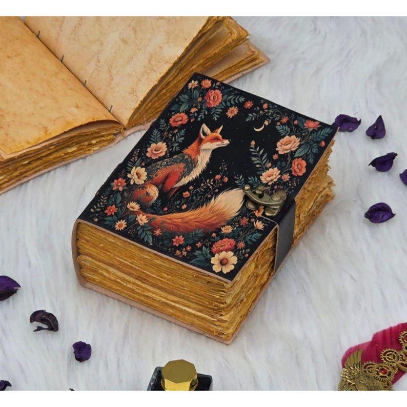 Fox & Moon Floral Lock Journal | Vintage Handmade Writing Notebook | Leather Bound Sketchbook with Lock