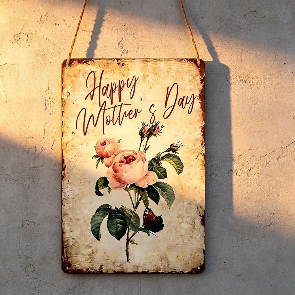 2D Flat 1pc Happy Mother's Day Rose Metal Sign 7.87x11.81inch - Aluminum Vintage Floral Mother's Day Decor for Home, Living Room, Bedroom - Durable