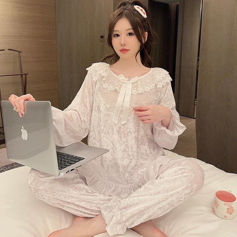 Linglei Autumn And Winter Golden Velvet Court Style Lace Pajamas Women'S Golden Velvet Long-Sleeved Trousers Autumn And Winter Loungewear