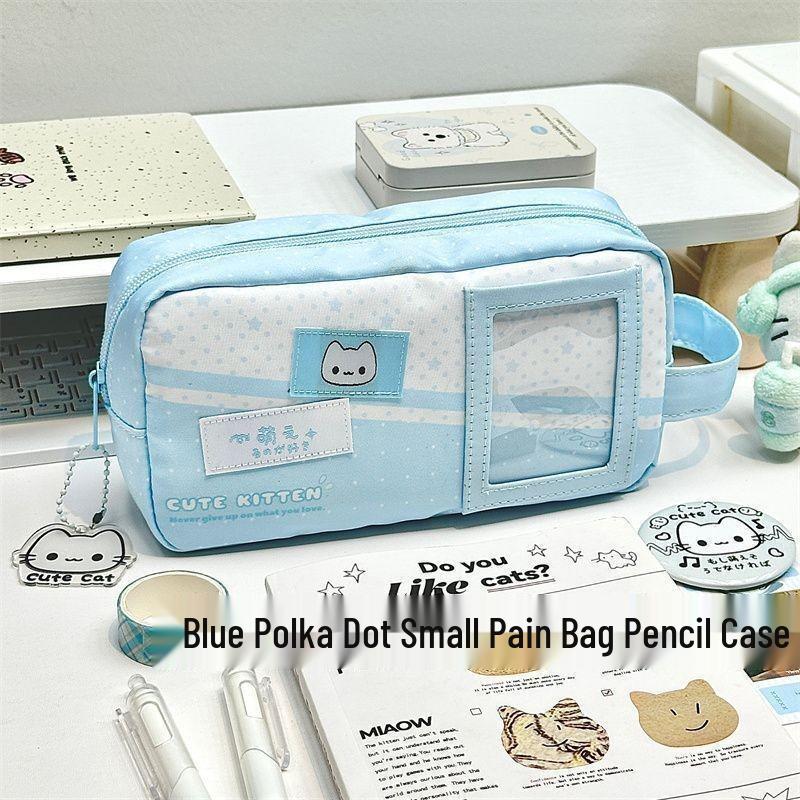 Polka Dot Cat Denim Pencil Case - Large Capacity Multifunctional Student Stationery Bag