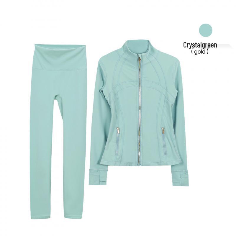Lulu Original Gold Zipper Stand Collar Jacket & Cropped Yoga Pants Set - Women's Long Sleeve Tight Sports Suit