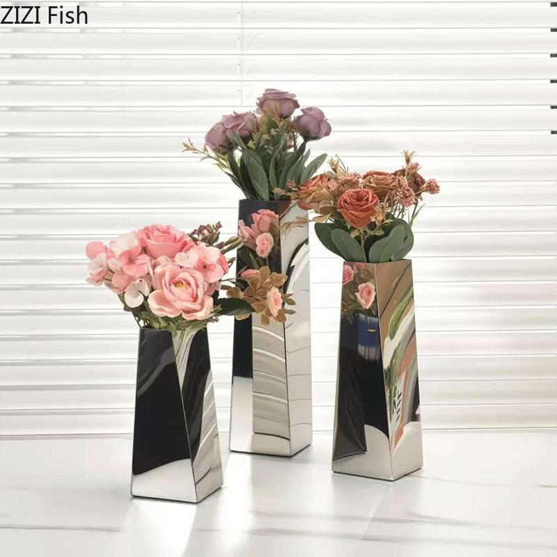 Stainless Steel Specular Vase Creative Geometric Flower Pots Desk Decoration Flowers Arrangement Vases Room Aesthetic Decor
