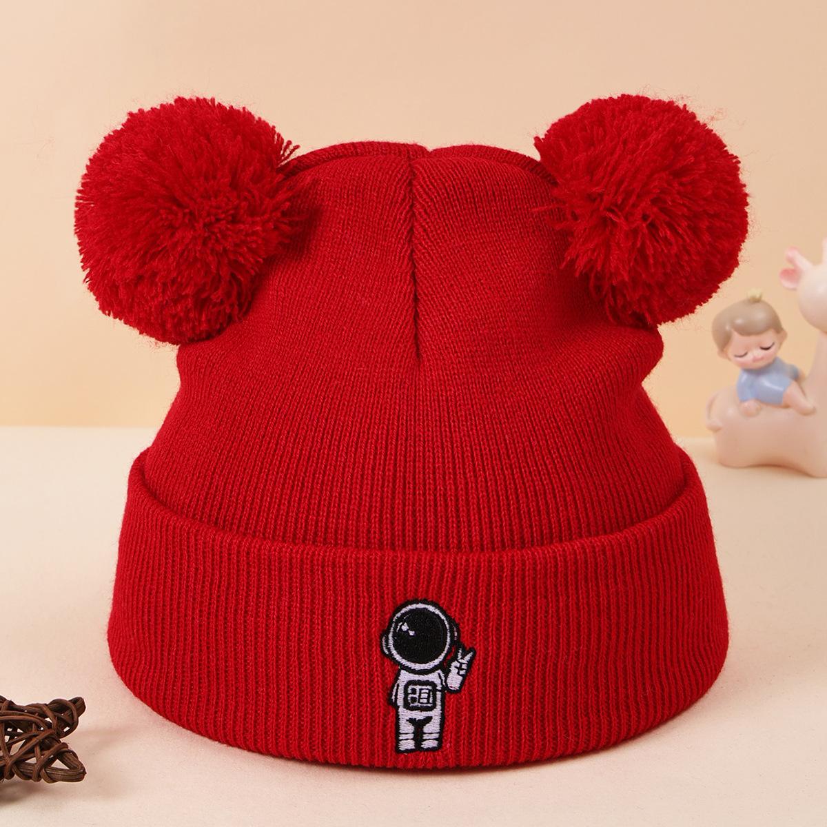 Hot-Selling Autumn And Winter Children S Pullover Hat Astronaut Embroidered Knitted Hat Flanged Wool Hat 3-10 Years Old красный