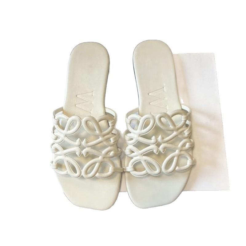 Sheepskin version~ Square head open-toed hollow-out one-word drag, leather versatile slippers, simple sandals, lazy beach shoes