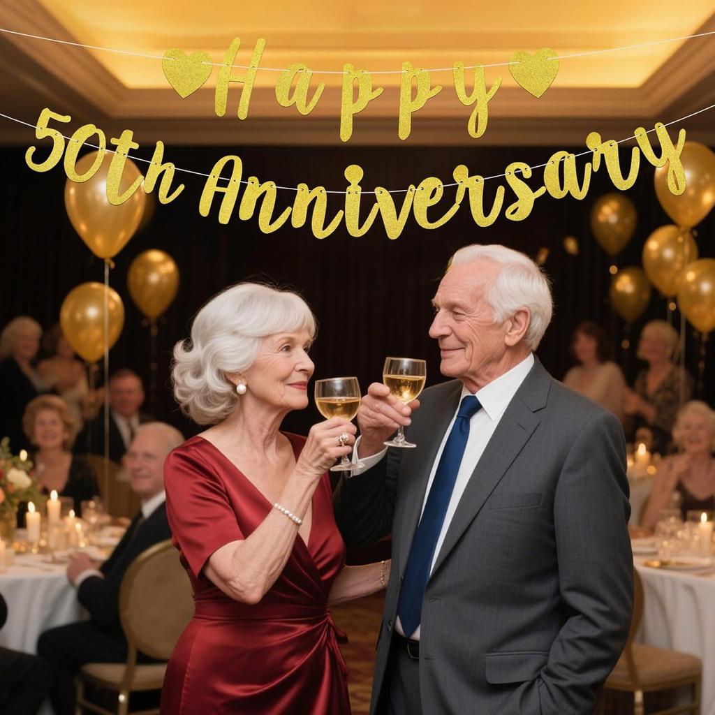 2pcs Happy 50th Anniversary Banner, Pre-Strung Glitter Gold 50th Wedding Anniversary Banner 50 Year Loved Party Favor & Decor Decorations