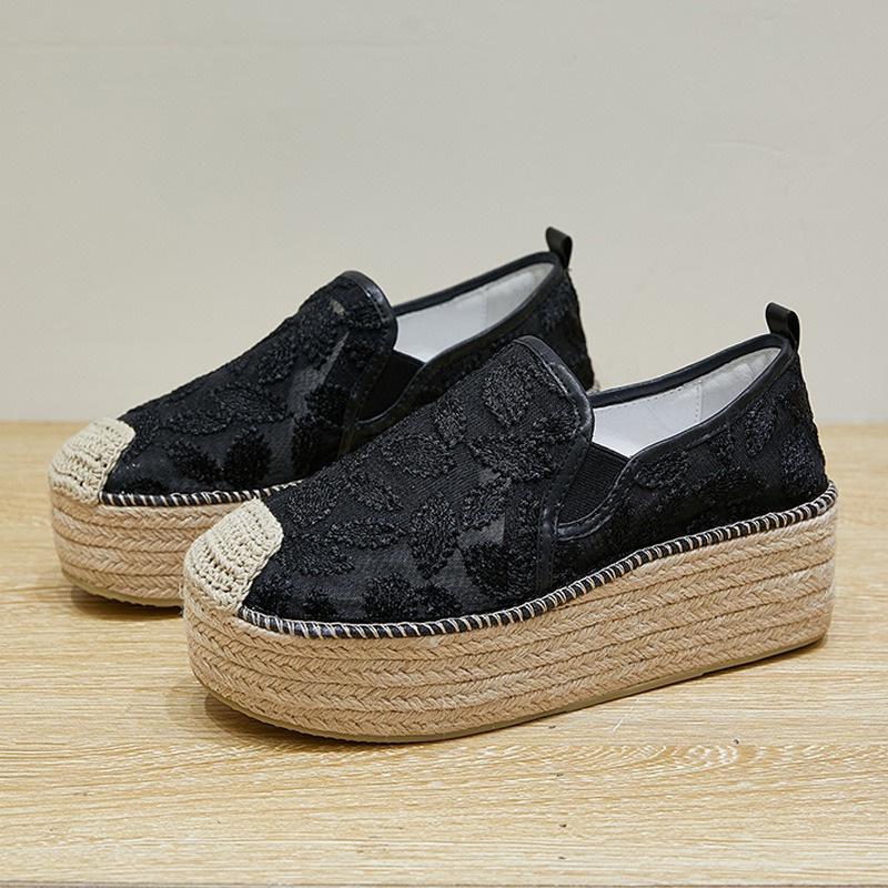 2025 New Straw Thick-soled Fisherman Shoes Women's Summer High-heeled Lazy One-pedal Lace Muffin Shoes Versatile Single Shoes Women