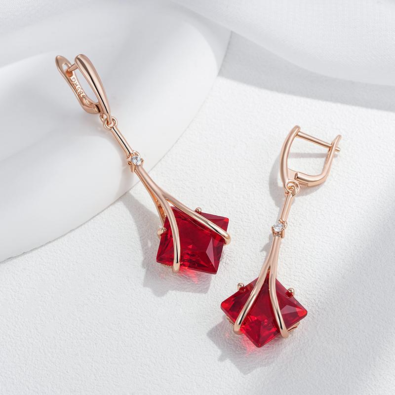 Square Red Natural Zircon Long Drop Earrings For Women  Rose Gold Color High Quality Daily Fine Vintage Jewelry