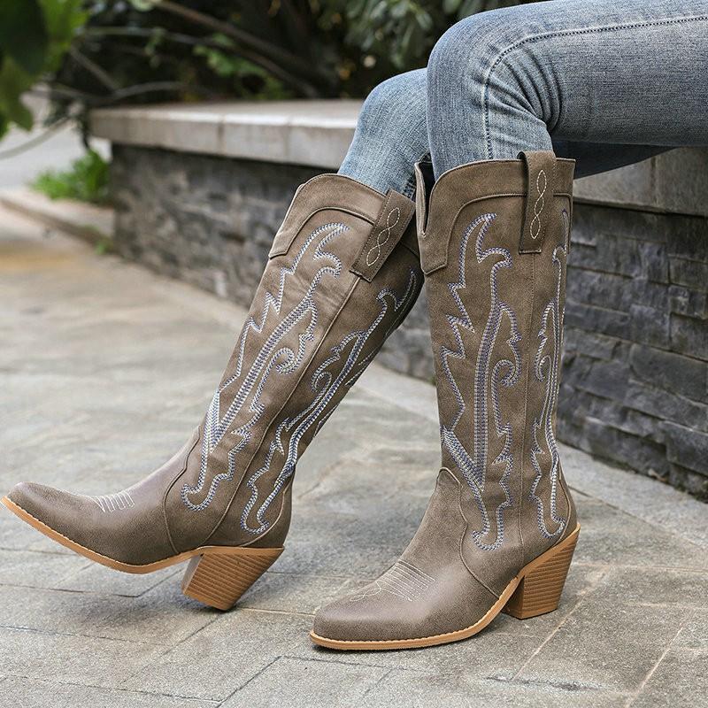 Womens Retro Embroidered Western Cowboy Boots Chunky Heel Color Block Knee High Fashion