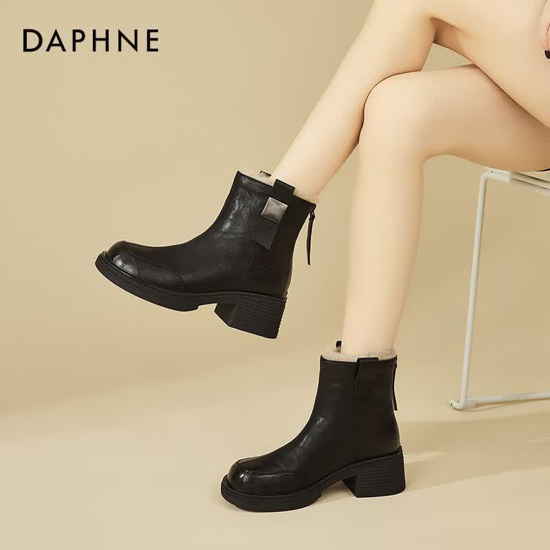 Daphne Women s Winter Warm Fur Collar Chunky Heel Short Leather Boots 38