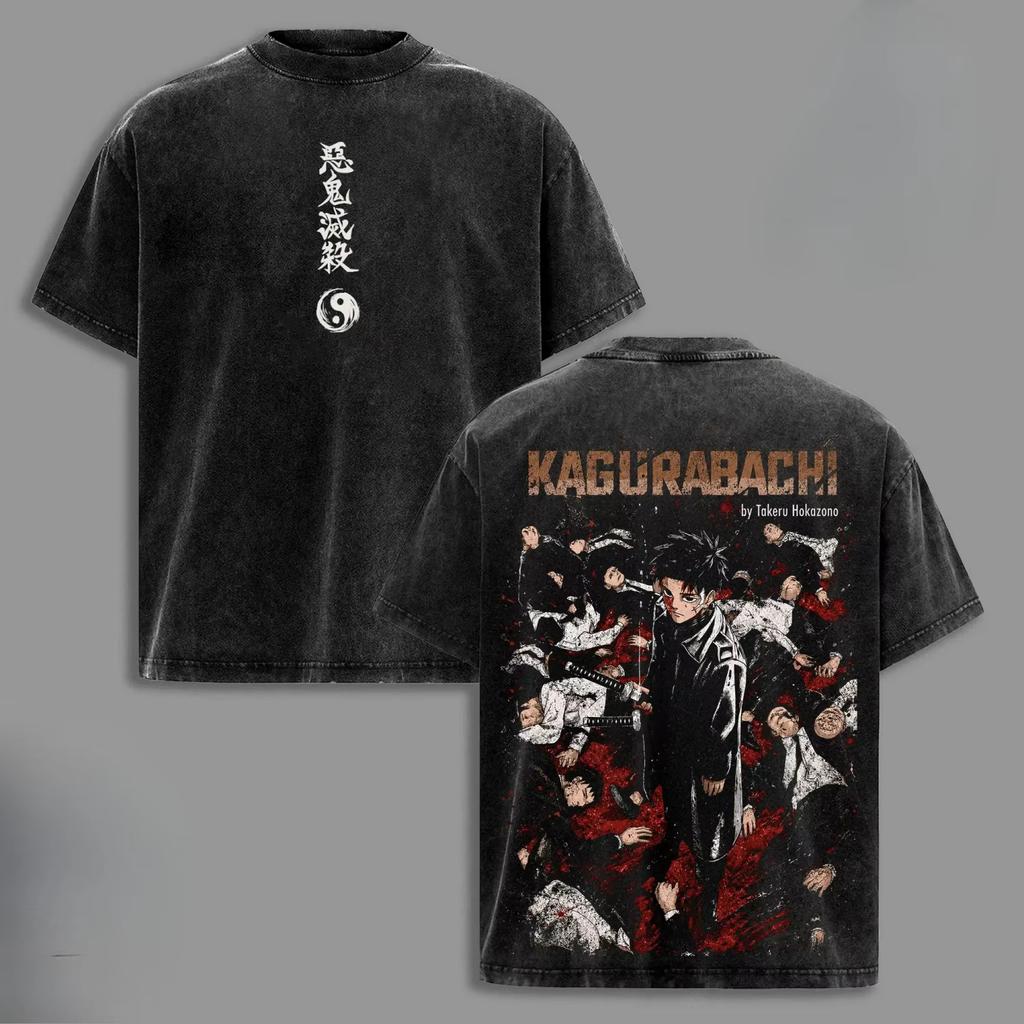 Kagurabachi Doppelseitiges Gewaschenes Grafik-T-Shirt Unisex Oversized Kurzarm Rokuhira Chihiro Druck Lässiges Sommer-Rundhals-T-Shirt