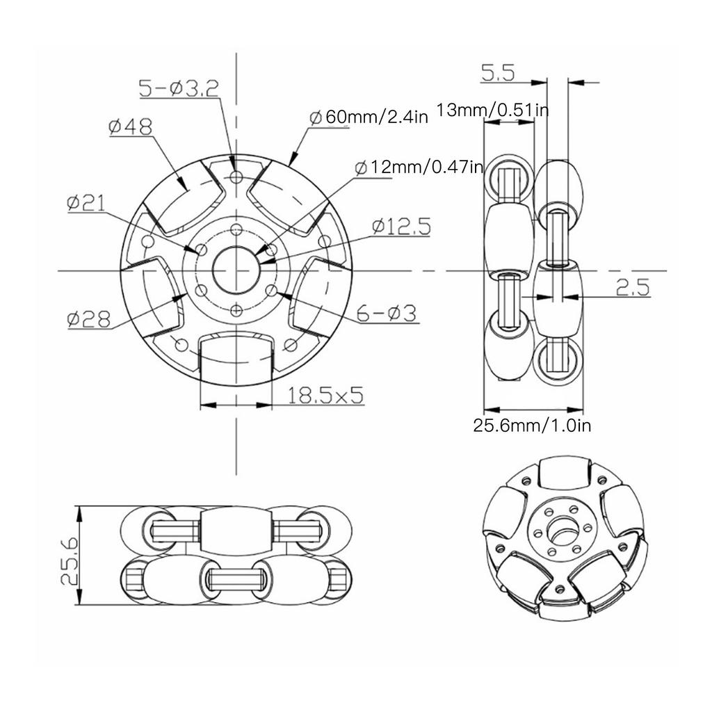 60mm Robot Omni Wheel Aluminium Alloy 360 Degree Rotation Robot Omni Wheel Replacement for Upgrade