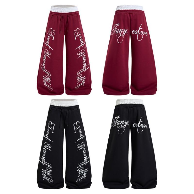 Mens Loose Wide-Leg Curved Pants Streetwear Letter Print Casual Trousers