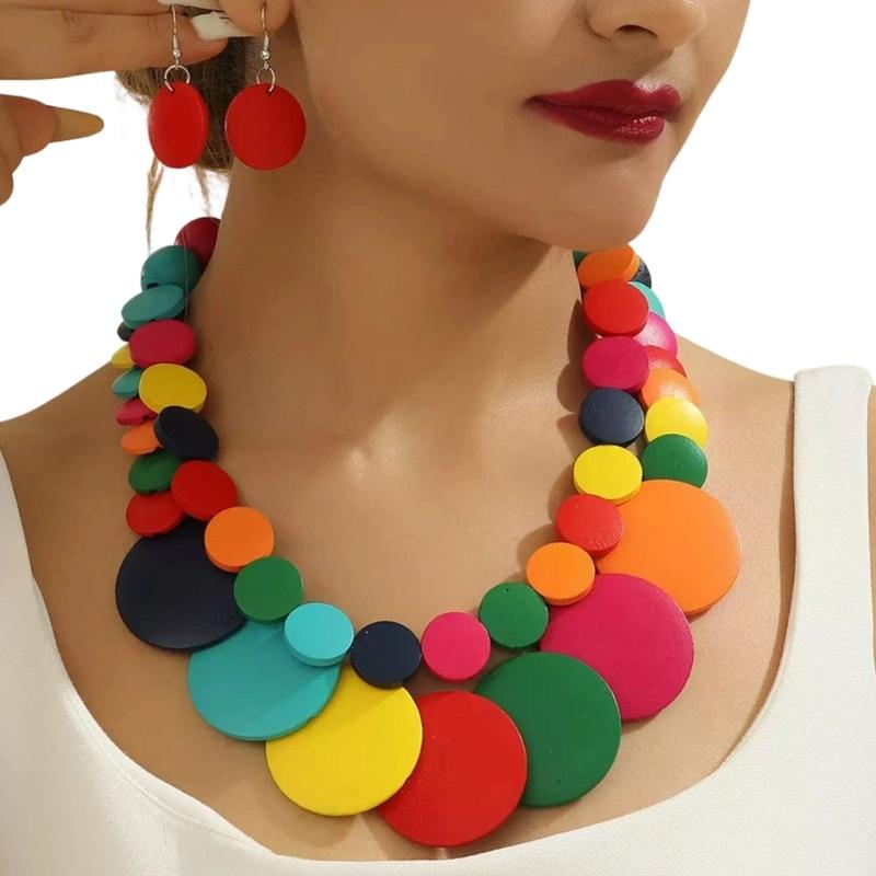 Round Disc Statement Necklace with Earrings Double-layer Design, Wood-Look Finish Fashion Jewelry Set for Party Styling