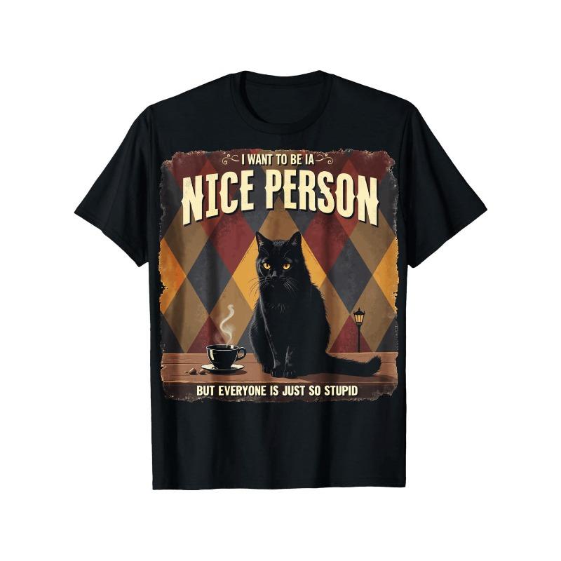 

European sizes Plus-size Funny Cat Print T-shirt, Soft and Breathable Knit Fabric, Crew Neck, Short-Sleeved, Comfortable and Loose Fit 4XL чорний