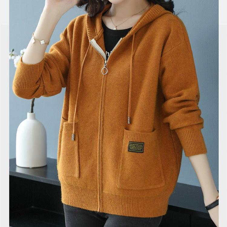Hooded Sweater Jacket for Women Loose Large-sized Knitted Cardigan Solid Color Casual Sweater Jacket