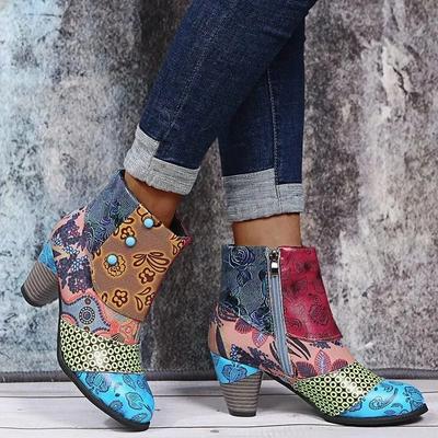 Kadın Botları Deri Vintage Bohem Yeni Socofy Kadın Retro Baskılı Toka Yumuşak Fermuarlı Ayak Bileği Botları Kadın Botines Mujer