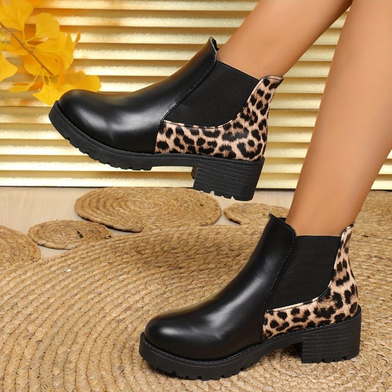 Women's Leopard Print Chunky Heel Chelsea Ankle Boots - Slip-Resistant Slip-On Round Toe, Faux Cover Upper & Cushioned Insole, All-Season Comfortable