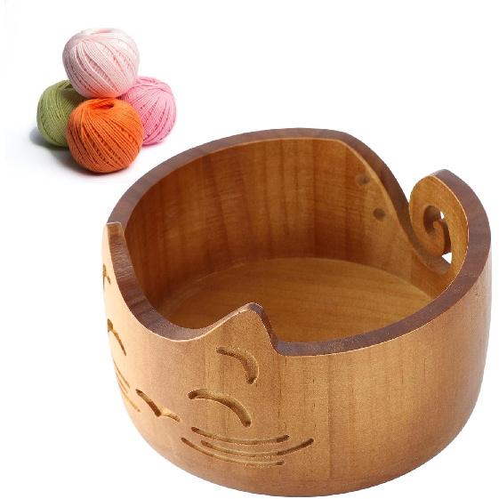 Kuuleyn Wooden Yarn Bowl,Cute Cat Shape Practical Holder,Dispenser Crochet Organizer Storage Supplies for Home Workplace Knitting Crafting Activities