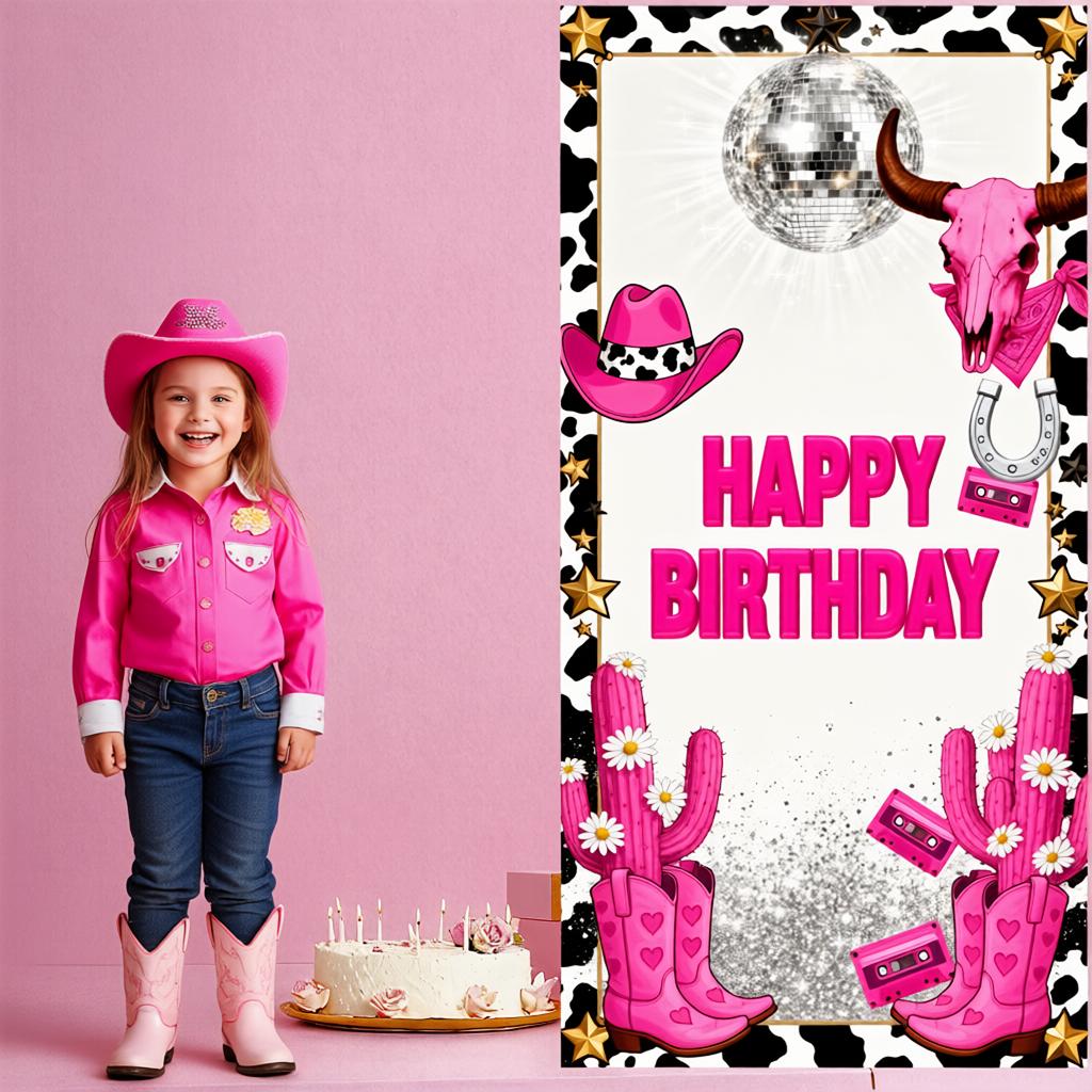 Disco Birthday Background Pink Cow Skull Birthday Display Banner Glitter Design Birthday Door Cover For Cowgirl Themed