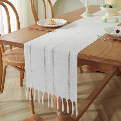 Household Solid Color Rustic Table Runner With Tassels Hollow Weaving Table Cover Rectangular Table Flag Dining Table