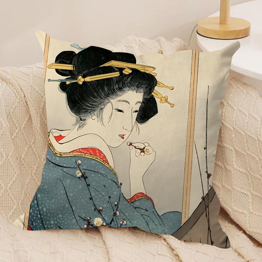 Retro Japanese Geisha Cushion Cover Silky Short Plush Invisible Zipper Dustproof Sofa Pillow Case For Home Decor