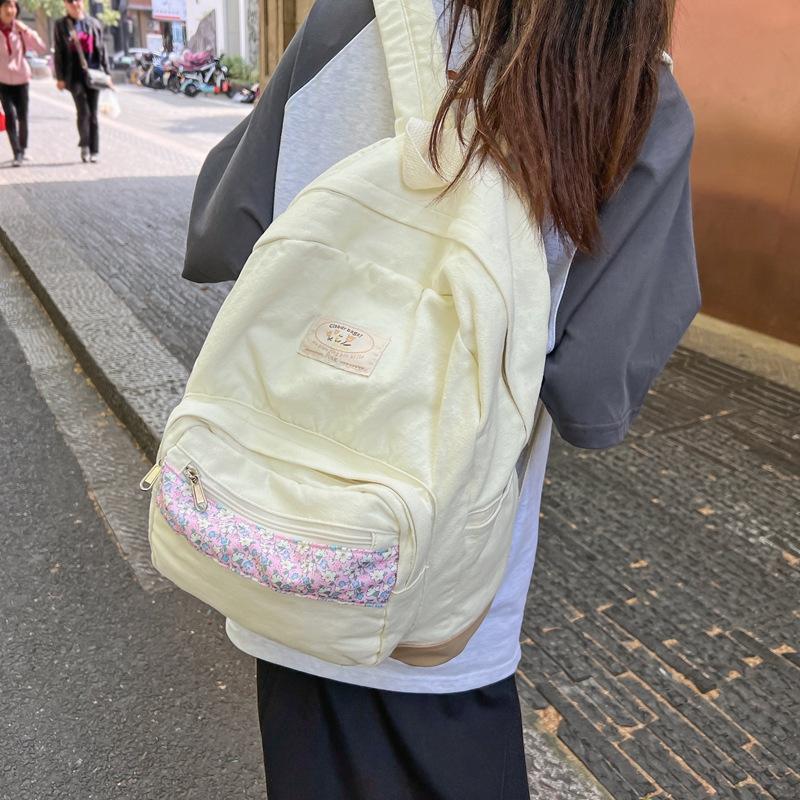 Schoolbag Korean Version Lazy Wind Washed Canvas Schoolbag College Student Backpack Hong Kong Style Floral Splicing Commuter Backpack Female