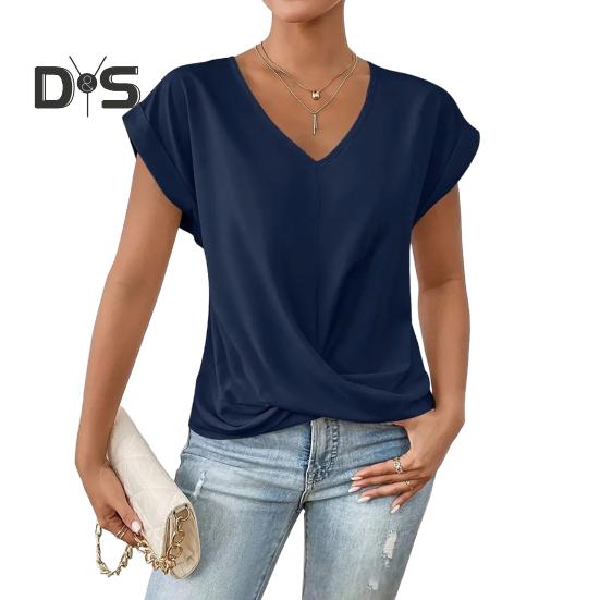 Dámské topy s výstřihem do V, s krátkým rukávem, s mačkaným designem, tričko jednobarevné, volného střihu, s křížovým plisováním, pro každodenní nošení