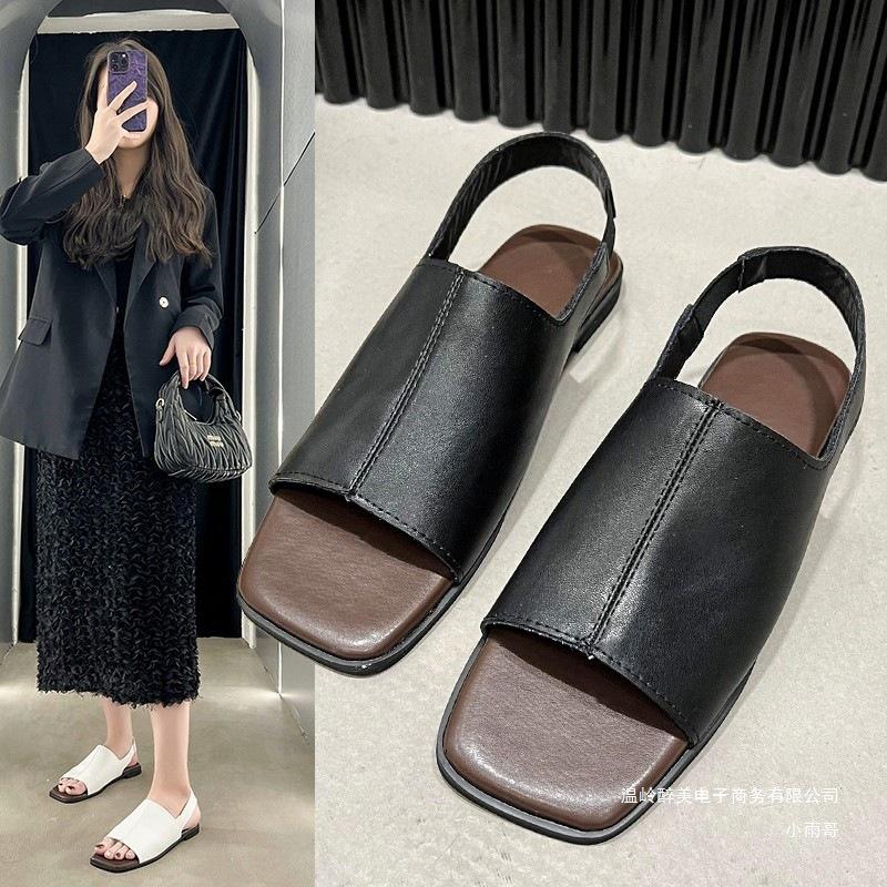 South East Asia Foreign Trade Large Size Elastic Band Flat Bottom Square Head Sandals Women's New Outer Wear Open-toed Beach Cool Slippers